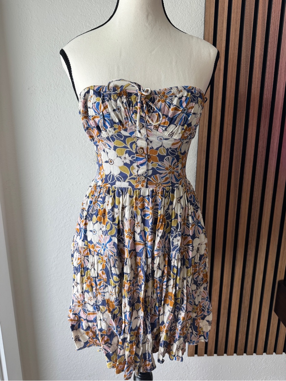 Floral Strapless Sundress in Blue, Mustard & Cream